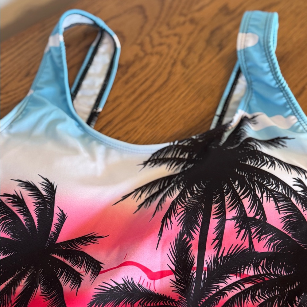 SHEIN BRAND, Women’s Sz (S) One-Piece Tropical Palm Tree Swimsuit - Pink & Blue - Picture 4 of 10